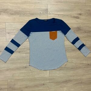 Coeur De Vague Long Sleeve Shirt Striped Size Small Blue Gray Faux Suede Pocket